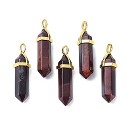 Honeyhandy Natural Tiger Eye Pointed Pendants, with Random Brass Pendant Hexagon Bead Cap Bails, Golden, Bullet, 38.5~40x12~12.5x10~11mm, Hole: 3x4.5mm