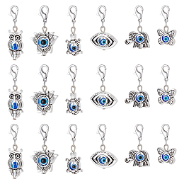 CHGCRAFT Evil Eye Pendant Decorations, Alloy & Resin Lobster Clasp Charms, Lotus Flower & Owl & Elephant & Eye & Butterfly & Tortoise, Antique Silver & Platinum, 28~36mm, 6pcs/set, 4 sets/box