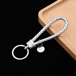 Honeyhandy PU Leather Knitting Keychains, Wristlet Keychains, with Platinum Tone Plated Alloy Key Rings, Silver, 12.5x3.2cm