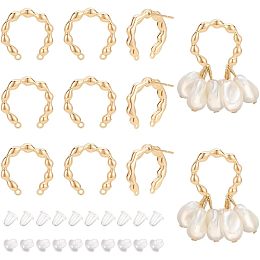 BENECREAT 12PCS Real 18k Gold Plated Brass Stud Earring Fitting, Arched Brass Stud with Double Loop, with 30PCS Plastic Earring Backs, for DIY Earring Jewellery Making, Hole: 1mm