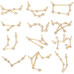 PandaHall Elite 12Pcs 12 Styles Brass Connector Charms, with Crystal Rhinestone, Real 18K Gold Plated, Cadmium Free & Nickel Free & Lead Free, 12 Constellations, 7.5~17.5x8.5~19.5x2~3mm, Hole: 1.2mm, 1pc/style