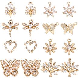 SUNNYCLUE 1 Box 16Pcs Micro Pave Cubic Zirconia Charms Crystal Butterfly Charm CZ Stone Tree of Life Rhinestone Charms Brass Dragonfly Flowers Heart Charm for Jewelry Making Charms DIY Craft Supplies