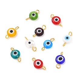 Honeyhandy Handmade Lampwork Links Connectors, with Golden Plated Brass Eye Pin, Flat Round with Evil Eye, Mixed Color, 15x8x3.5mm, Hole: 1.6~2.2mm