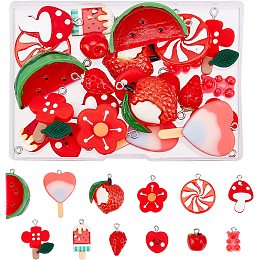 SUPERFINDINGS 24Pc 12 Style Red Resin Pendants 3D Red Strawberry Fruit Pendants Red Bear Charms Mushroom Hanging Pendant for Jewelry Making Necklaces Earrings Keychain