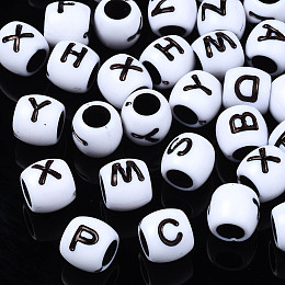 Honeyhandy Opaque Acrylic European Beadss, Large Hole Beads, Barrel with Alphabet, Letter A~Z, 9x8mm, Hole: 5mm, about 1519pcs/500g