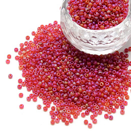 Honeyhandy 12/0 Grade A Round Glass Seed Beads, Transparent Frosted Style, AB Color Plated, Red, 2x1.5mm, Hole: 0.8mm, about 30000pcs/bag