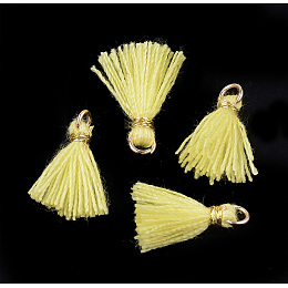 Polycotton(Polyester Cotton) Tassel Pendant Decorations, Mini Tassel, with Iron Findings and Metallic Cord, Light Gold, Yellow, 10~15x2~3mm, Hole: 1.5mm