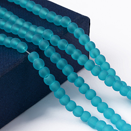 Honeyhandy Transparent Glass Bead Strands, Frosted, Round, Dark Turquoise, 4mm, Hole: 1.1~1.6mm, about 200pcs/strand, 31.4 inch