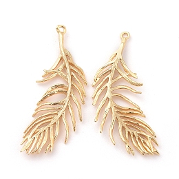 Honeyhandy Brass Pendants, Feather, Nickel Free, Real 18K Gold Plated, 36~37x15~16x1.5mm, Hole: 1.2mm