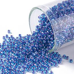 TOHO Round Seed Beads, Japanese Seed Beads, (1837) Inside Color AB Aqua/Opaque Purple Lined, 11/0, 2.2mm, Hole: 0.8mm, about 1110pcs/10g