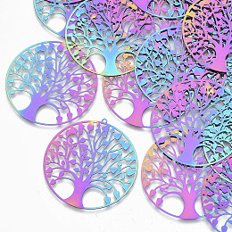 Honeyhandy Ion Plating(IP) 201 Stainless Steel Filigree Pendants, Etched Metal Embellishments, Flat Round with Tree of Life, Rainbow Color, 47x45x0.3mm, Hole: 1.2mm