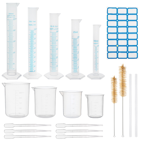 OLYCRAFT GLOBLELAND Measuring Cylinder Tools Sets, with Plastic Measuring Cylinder & Cup, Glass Stirring Rod, Pig Hair Test Tube Brush, Plastic Pipettes, Sticker Labels, Clear