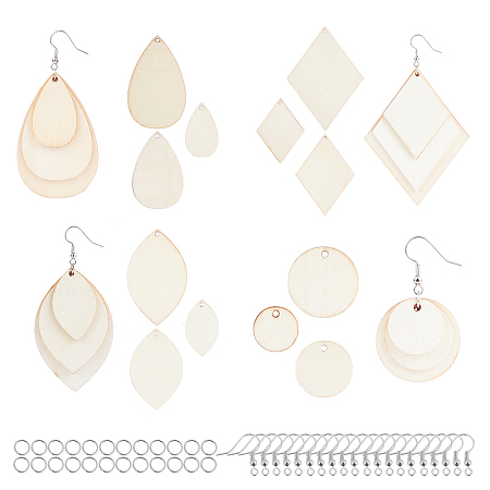 SUNNYCLUE DIY Earring Making, with Unfinished Blank Wooden Earring Pendants, Iron Jump Rings and Brass Earring Hooks, Mixed Color, 18~80x18~59.5x1.5mm, Hole: 2~2.5mm, 12pcs/set, 10sets, 120pcs/set