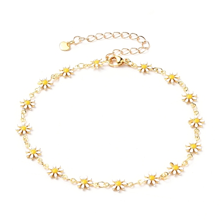 Honeyhandy Brass Enamel Daisy Link Chain Anklets, with 304 Stainless Steel Lobster Claw Clasps & Heart Charms, Golden, 9-5/8 inch(24.5cm)
