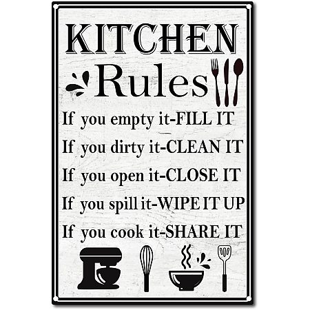 CREATCABIN Kitchen Rules Tin Sign Vintage Funny Metal Wall Decor Decoration Art Mural Hanging Iron Painting for Home Garden Bar Pub Kitchen Living Room Office Garage Poster Plaque 12 x 8inch