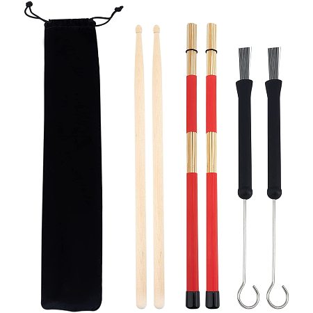 NBEADS Drum Sticks Set,1 Pair 5A Maple Wood Drum Sticks 1 Pair Retractable Drum Steel Wire Brushes and 1 Pair Bamboo Rods Drum Brushes with Portable Storage Bag for Beginers Rock Band Jazz Folk