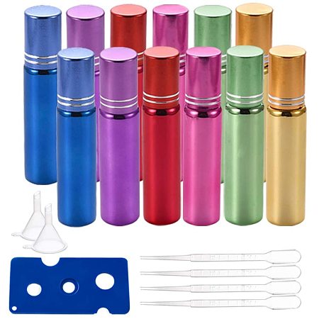 BENECREAT 12 Pack 10ml Mixed Glass Essential Oil Bottle Refillable Roll on Bottle with Stainless Steel Roller Ball (4 Droppers, 2 Funnels, 1 Opener) for Aromatherapy Fragrance Perfume
