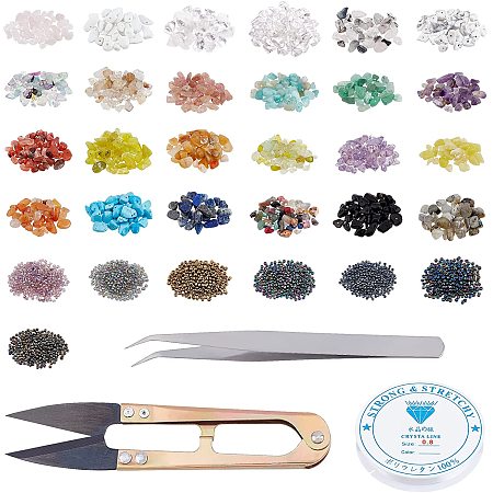 CHGCRAFT 240g Gemstone Beads and 70g Glass Seed Beads with 2 Roll Elastic Crystal String Cord Steel Scissors for Jewelry Making DIY Necklace Bracelet Colorful