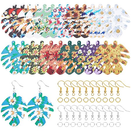 SUPERFINDINGS 13 Pairs 13 Styles 2.17x1.7x0.08Inch Double-Sided Printing PU Leather Earring Making Kits Include Leaf Big Pendants Brass Earring Hook Jump Rings for Earring Craft Making