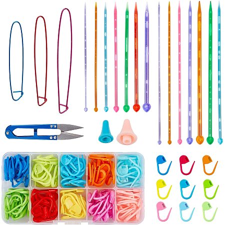 NBEADS 148 Pcs 6 Types Knitting Tools, Plastic Knitting Crochet Needle Hooks with Stitch Holder Scissors Needle Caps Set for DIY Braiding Beginner and Professionals