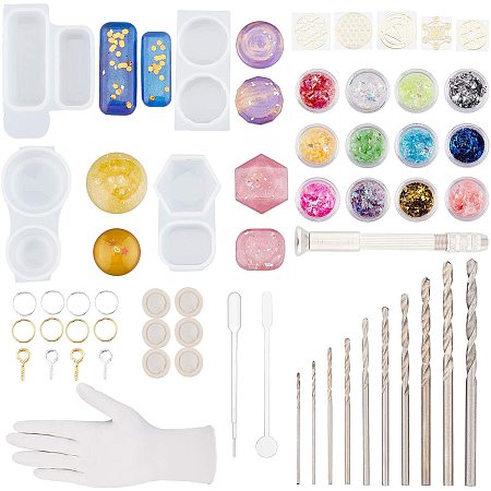 PandaHall Elite 4 Shapes Molds Silicone Resin Round Rectangle Casting Molds with 5 Styles Metal Stickers Nail Art Foils Sequins Accessories Tools for Pendants Chain Jewelry Crafts DIY