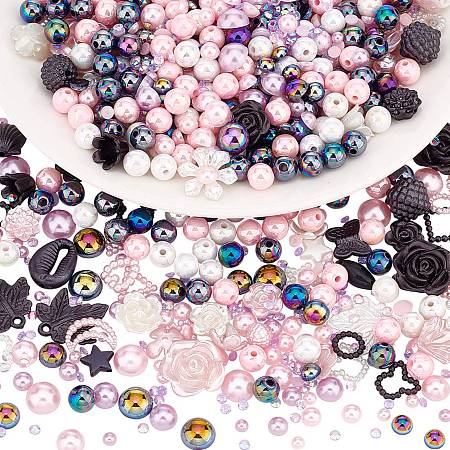PandaHall Elite DIY Jewelry Making Finding Kit, Including Resin Cabochons and Beads, Acrylic Beads, Flower & Butterfly & Ring & Half Round, Mixed Color, 3~30x4~41x2~9mm, Hole: 1.4~2.5mm