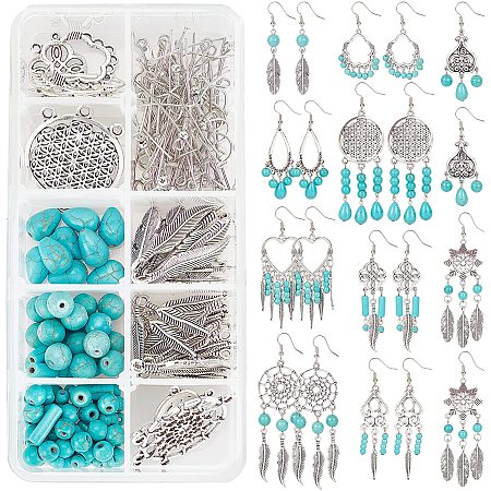 SUNNYCLUE 1 Box DIY 10 Pairs Synthetic Turquoise Beads Earring Making Kits Woven Net Flower Heart Alloy Links Charms Pendants Feather Leaf Alloy Pendants for Handmade Earrings Beginner