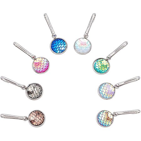 SUNNYCLUE 1 Box 8 Colors Keychain Making Kits Resin Mermaid Fish Scale Round Charms Flat Round Pendants Stainless Steel Keychain Clasp Findings for DIY Keychain Decoration Crafts