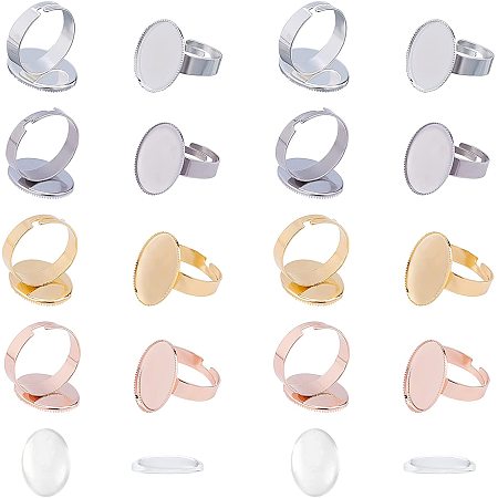 UNICRAFTALE 16pcs 4 Colors Oval Adjustable Finger Rings Components,Stainless Steel Ring Base,Serrated Edge Bezel Cups Base Trays Ring with 24pcs Transparent Oval Glass Cabochons for DIY Ring Making