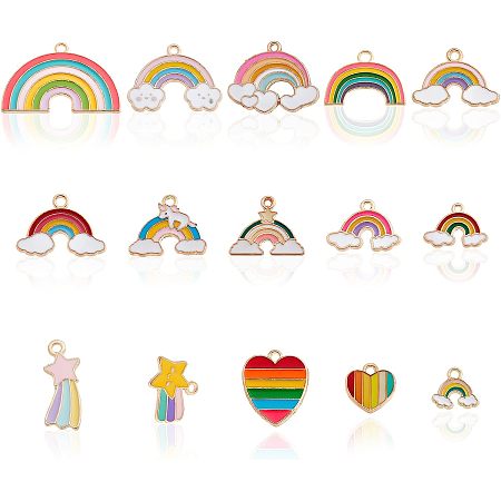 SUPERFINDINGS 60Pcs 15 Style Alloy Enamel Rainbow Charms Light Gold Colorful Enamel Alloy Gold Pendants Heart with Rainbow Stripe Pendant Charms for Jewelry Making Supplies Accessories, Hole: 1.6~2mm