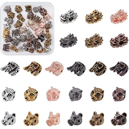 PandaHall Elite 24 Styles Animal Beads Charms 48pcs Tiger Skull Leopard Dragon Head Beads Tibaten Alloy Spacer Beads for Men Earring Jewelry Making Supplies Halloween Crafts
