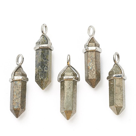 Honeyhandy Natural Pyrite Pendants, with Platinum Tone Brass Findings, Bullet, 39.5x12x11.5mm, Hole: 4.5x2.8mm