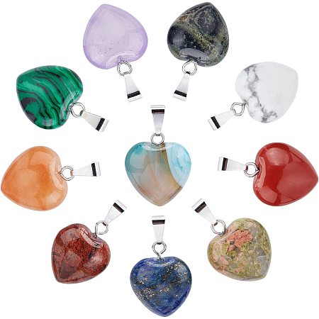 PandaHall Elite 10 Styles Heart Stone Charms, Chakra Crystal Pendants Gemstone Charms Quartz Rock Beads for Valentines Day Mother's Day DIY Jewelry Necklace Keychains Earring Crafts Supplies