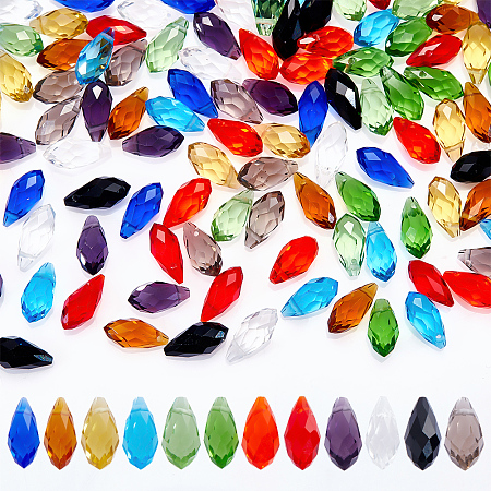 AHANDMAKER 100Pcs 10 Colors Transparent Glass Beads, Facted, Top Drilled, Teardrop, Mixed Color, 12x6mm, Hole: 1mm, 10pcs/color