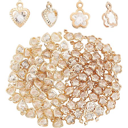 SUNNYCLUE 1 Box 100Pcs Cubic Zirconia Valentine's Day Heart Shaped Charms Flower Shaped Rhinestone Pendants Crystal Alloy Dangles for Jewelry Making Charms Necklace Bracelet Earring Supplies Women
