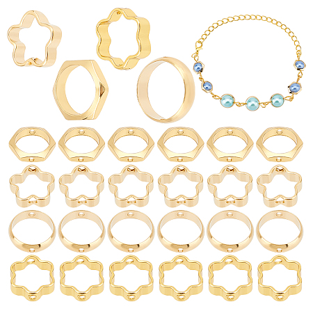 PandaHall Elite 60Pcs 4 Style Brass Beads Frames, Long-Lasting Plated, Hexagon & Flower & Round Ring, Real 24K Gold Plated, 8~10x8~10x2~3mm, Hole: 0.5~1.2mm, 15pcs/style