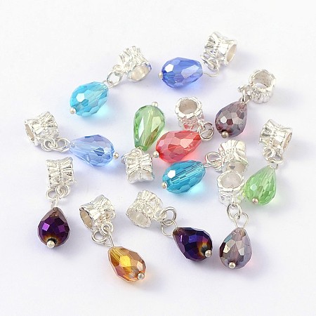 European Dangle Beads, with Alloy, Brass and Glass Findings, teardrop, Silver Color Plated, Mixed Color, Size: about 8mm wide, 29mm long, hole: 4.5mm