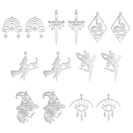 CHGCRAFT 14Pcs 7 Styles 201 Stainless Steel Halloween Wizarding World Pendants Spider Eye Witch Fairy Snake Sword Shape Charms Pendants for DIY Necklace Bracelet Keychain Crafting Jewelry Making