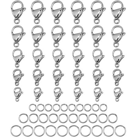 SUPERFINDINGS 30Pcs 5 Sizes Stainless Steel Lobster Clasps with 30Pcs Open Jump Rings Lobster Claw Hook Lobster Claw Clasp for Necklace Bracelet Jewelry Making