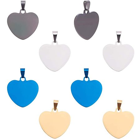 PandaHall 8pcs 4 Colors Heart Shape Stainless Steel Blank Stamping Tag Pendants Charms for Necklace Key Ring DIY Crafts Jewelry Making, Golden/Blue/Gunmetal/Stainless Steel Color