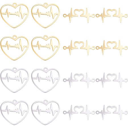 UNICRAFTALE 16pcs 2 Colors Heartbeat & Heart with ECG Linking Charms 201 Stainless Steel Links Connectors Smooth Pendants for Bracelets Necklaces Making