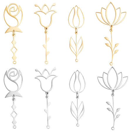 UNICRAFTALE 8pcs 2 Colors Flower Pendants 4 Styles Stainless Steel Pendants Laser Cut Lotus Rose Charms with Jump Rings for Jewelry Making 48.5~52.5mm