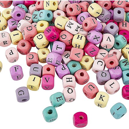Pandahall Elite 1060pcs 10mm Alphabet Wooden Beads Mixed Colored Square Wooden Beads Wooden Loose Beads with Initial Letter for Jeweley Making and DIY Crafts