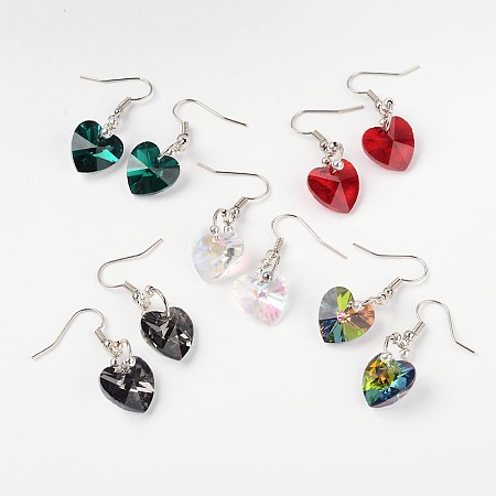 Honeyhandy Heart Glass Dangle Earrings, with Silver Plated Iron Beads & Platinum Tone Brass Findings, Mixed Color, 36mm, Pin: 0.8mm