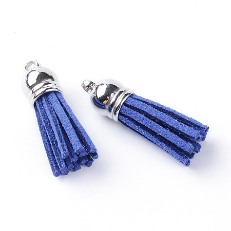 Honeyhandy Faux Suede Tassel Pendant Decorations, with CCB Plastic Cord Ends, Platinum, Medium Blue, 35~37x10mm, Hole: 2.5~3mm