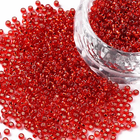FGB 11/0 Transparent Glass Seed Beads, Silver Lined Round Hole, Round, Orange Red, 2x1.5mm, Hole: 0.3mm, about 3000pcs/50g