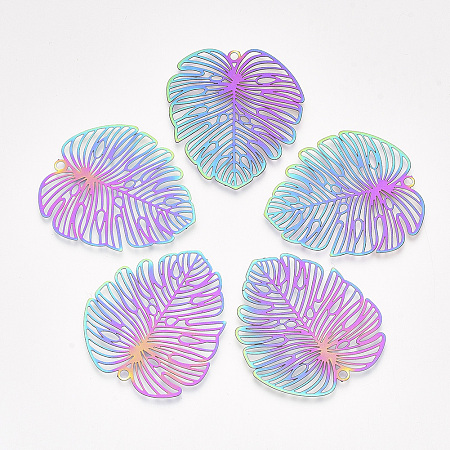 Nbeads 201 Stainless Steel Filigree Pendants, Etched Metal Embellishments, Monstera Leaf , Multi-color, 39.5x35x0.2mm, Hole: 2mm