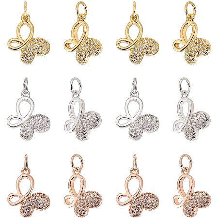 NBEADS 12 Pcs 3 Colors Butterfly Brass Zirconia Beads Micro Pave Cubic Zirconia Stones Butterfly Charm Beads for Jewelry Making
