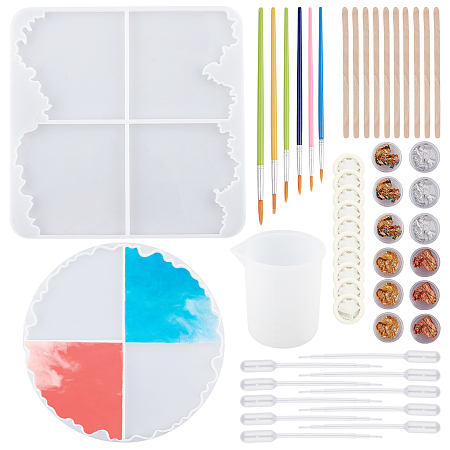 Olycraft DIY Cup Mat Making, with Plastic Art Brushes Pen & Pipettes, Silicone Measuring Cup & Molds, Latex Finger Cots, Tinfoil, Wooden Sticks, Mixed Color, Mold: 210x8.5mm, 233x234x10mm; 2pcs/set
