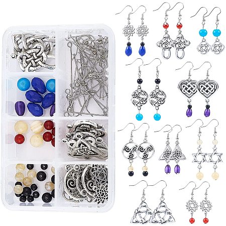 SUNNYCLUE DIY Dangle Earring Making Kits, with Alloy Pendants, Alloy Links Connectors, Glass Beads, Gemstone Beads, Brass Earring Hooks, Antique Silver & Platinum, 33x22x1.5mm, Hole: 2mm